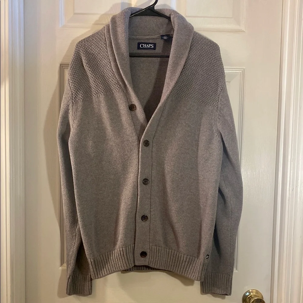 Chaps Gray Heathered Cardigan Sweater with Shawl Collar